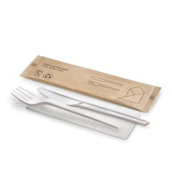   Evőeszköz szett 2+1 (kés,villa+ szalvéta) 16,8 cm CPLA, fehér - többször használatos - Naturesse *23142