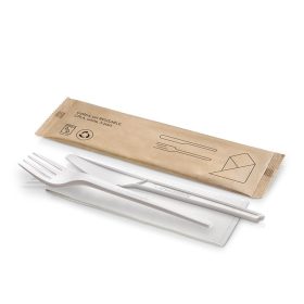   Naturesse CPLA többször használható evőeszközszett (kés, villa, szalvéta), kraft papírba  csomagolt, fehér (16,8 cm)  1db/csomag 250db/karton