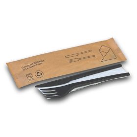   Naturesse CPLA többször használható evőeszközszett (kés, villa, szalvéta), kraft papírba  csomagolt, fekete (16,8 cm)  1db/csomag 250db/karton